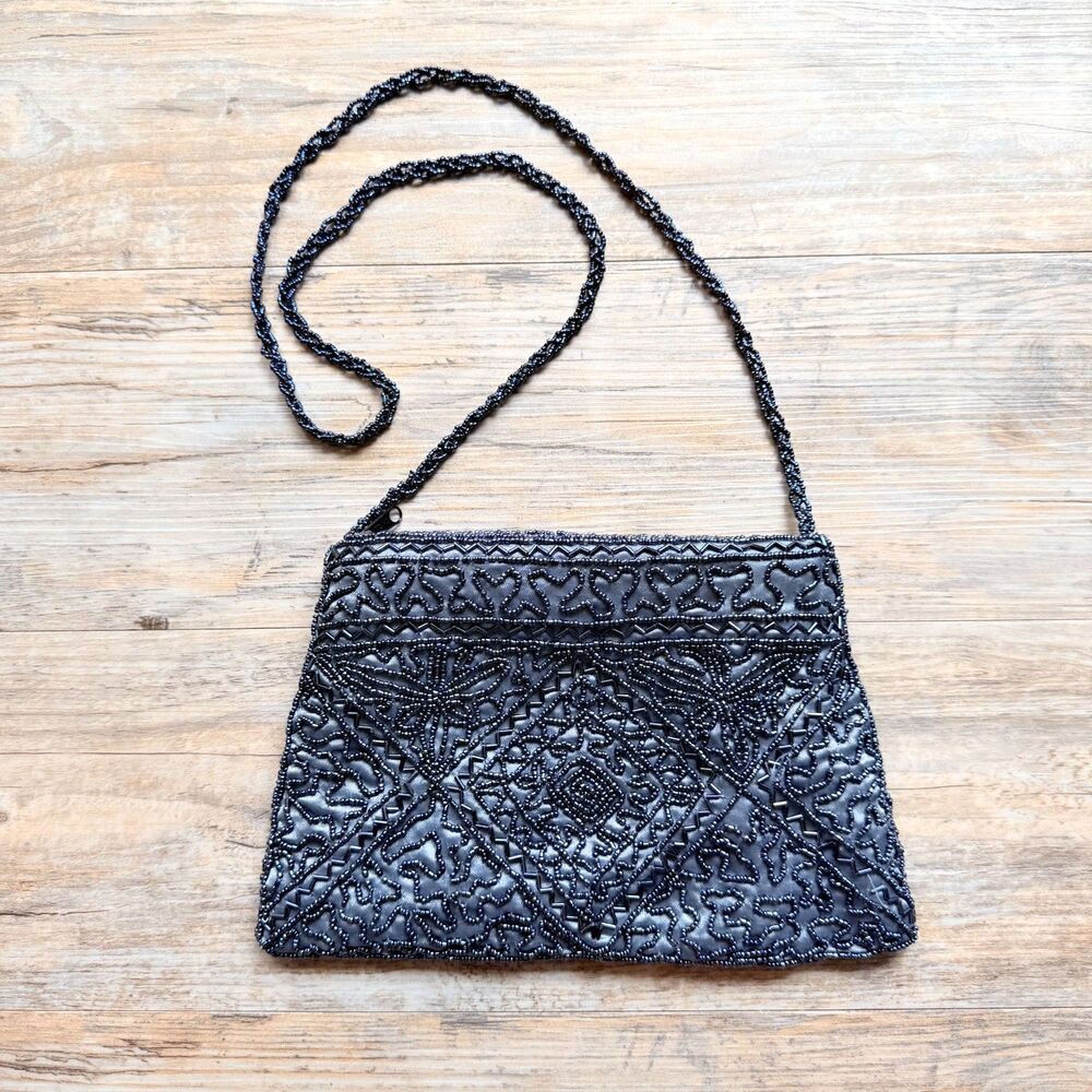 Vintage Blue Beaded Evening Bag Intricate Art Deco Whimsy Goth Shoulder Purse